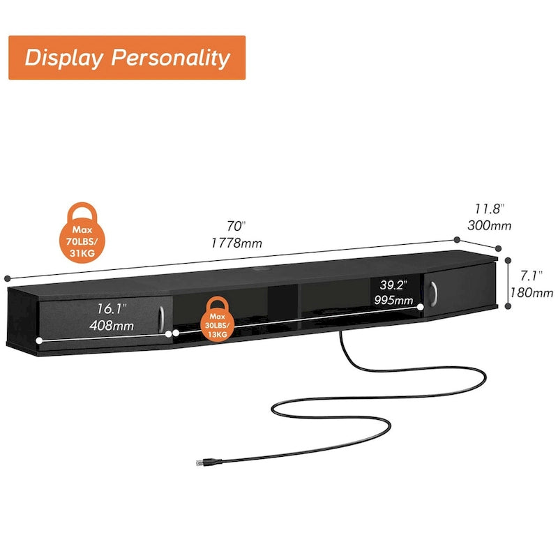 Meuble TV mural flottant en noyer, 178 cm