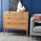 Commode à 3 tiroirs du milieu du siècle avec accents en rotin, 91,4 cm L x 45,7 cm P x 91,4 cm H