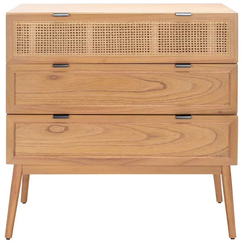Commode à 3 tiroirs du milieu du siècle avec accents en rotin, 91,4 cm L x 45,7 cm P x 91,4 cm H