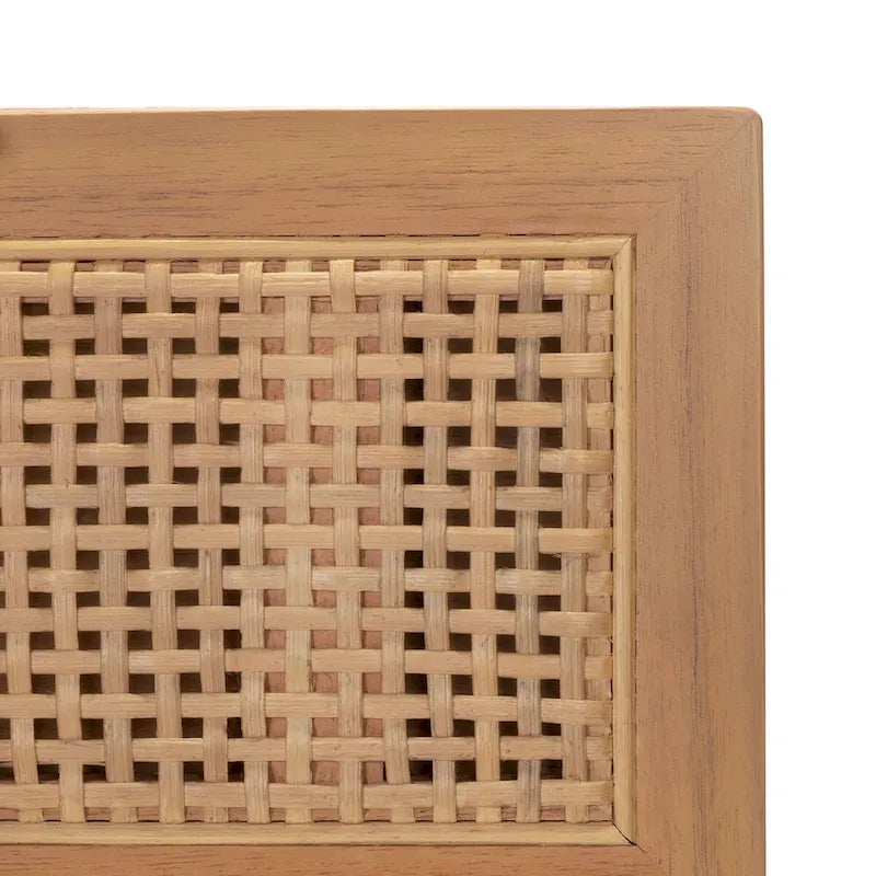 Commode à 3 tiroirs du milieu du siècle avec accents en rotin, 91,4 cm L x 45,7 cm P x 91,4 cm H