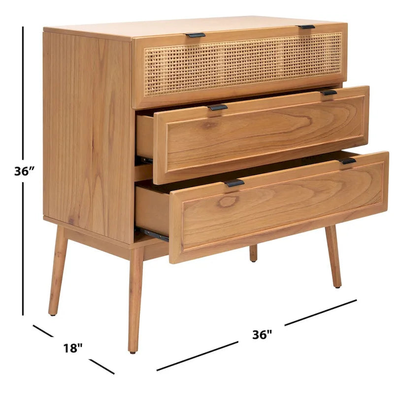 Commode à 3 tiroirs du milieu du siècle avec accents en rotin, 91,4 cm L x 45,7 cm P x 91,4 cm H