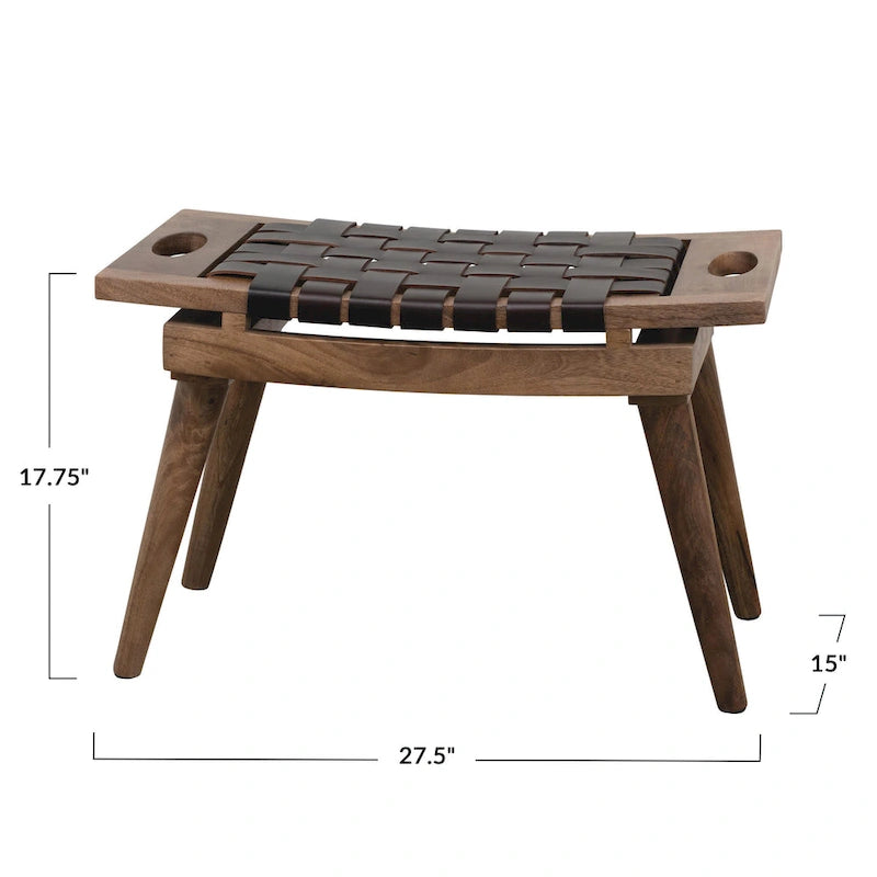 Tabouret en bois de manguier avec assise en cuir tressé