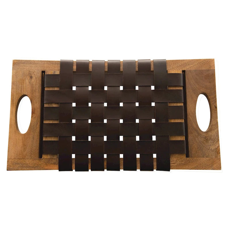 Tabouret en bois de manguier avec assise en cuir tressé