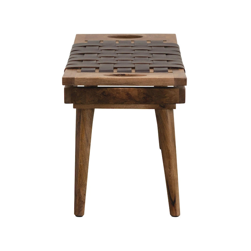 Tabouret en bois de manguier avec assise en cuir tressé