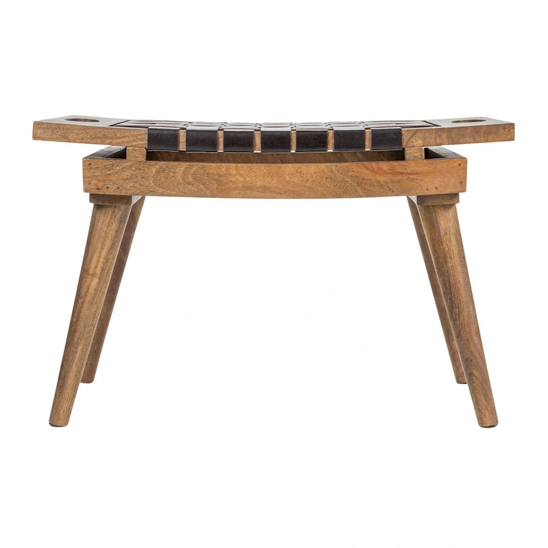Tabouret en bois de manguier avec assise en cuir tressé