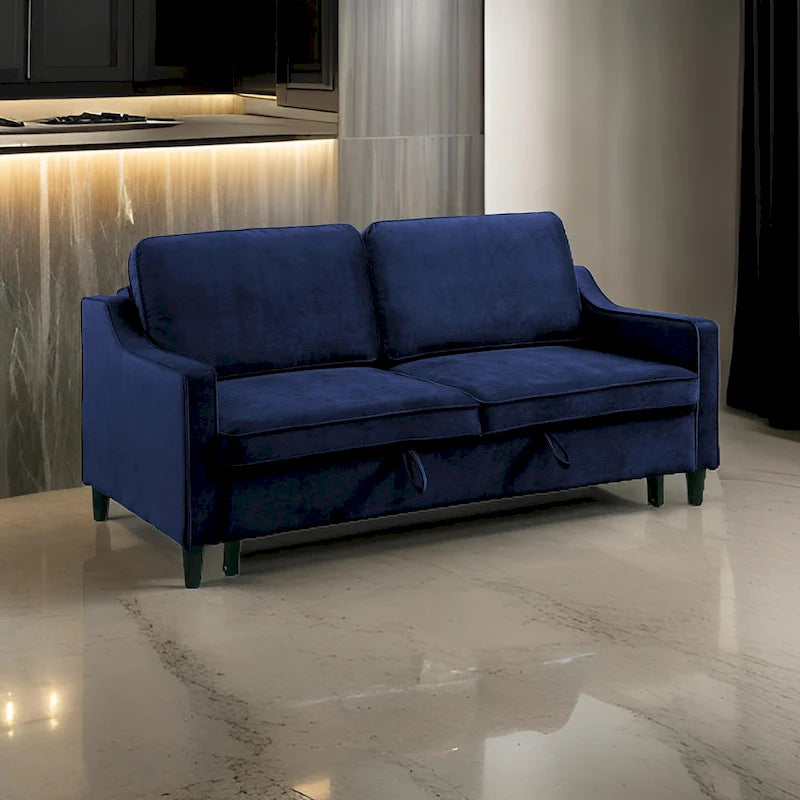 Katy 72 Inch Sleeper Sofa, Convertible Pull Out Bed, Solid Wood Blue Velvet