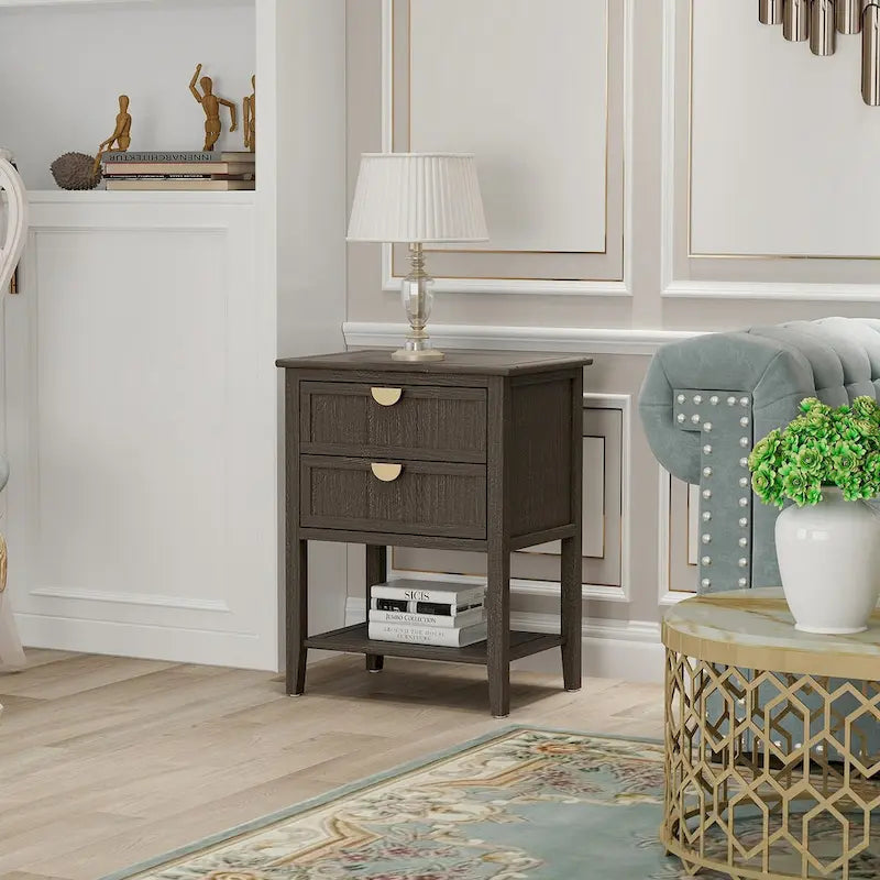 Table de chevet à 2 tiroirs de style américain, MDF avec finition grain de bois
