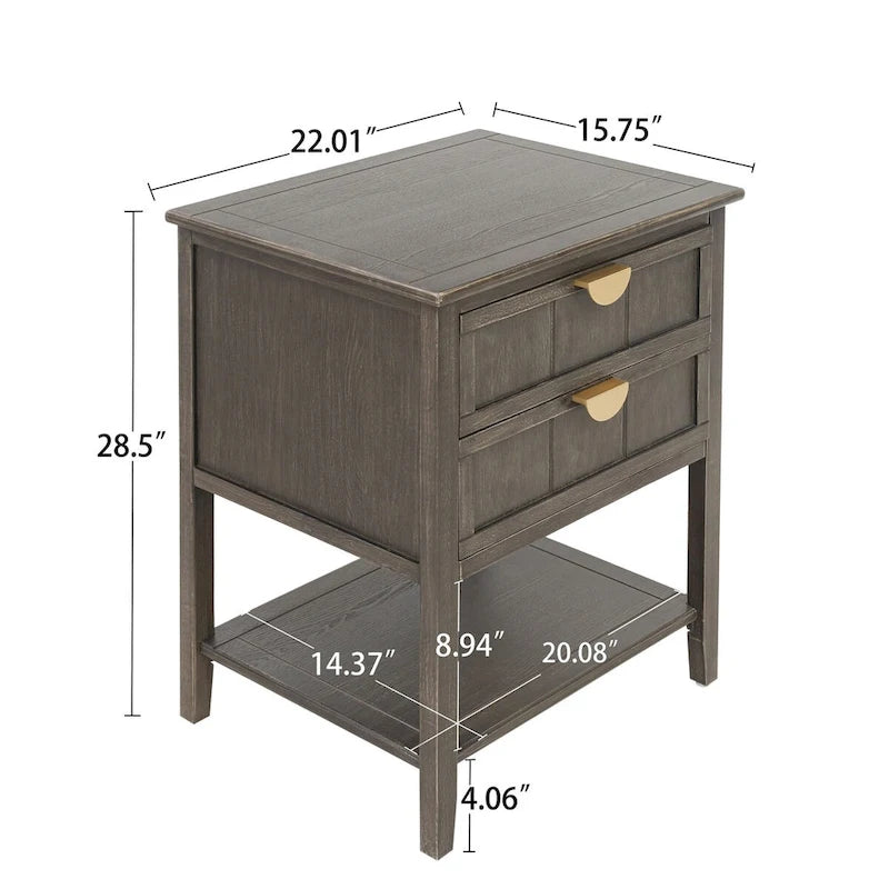 Table de chevet à 2 tiroirs de style américain, MDF avec finition grain de bois