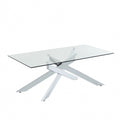 Table basse rectangulaire avec plateau en verre et base en métal imitation bois