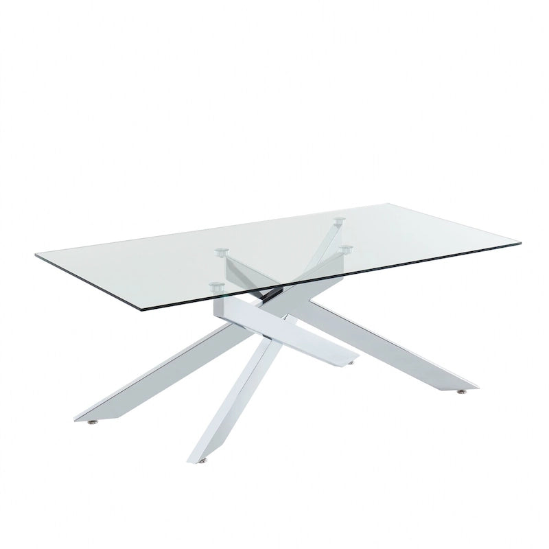 Table basse rectangulaire avec plateau en verre et base en métal imitation bois