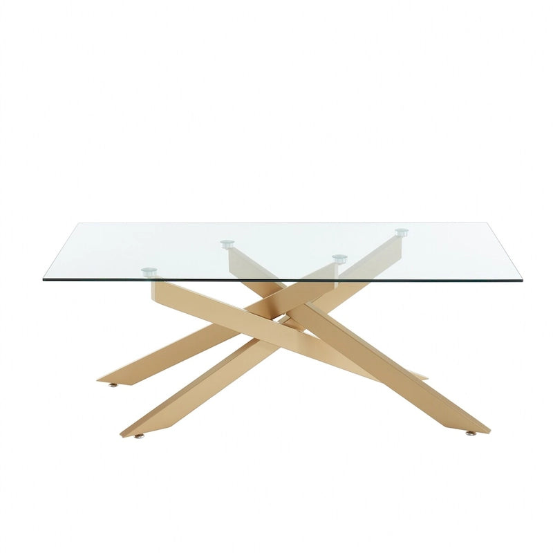 Table basse rectangulaire avec plateau en verre et base en métal imitation bois