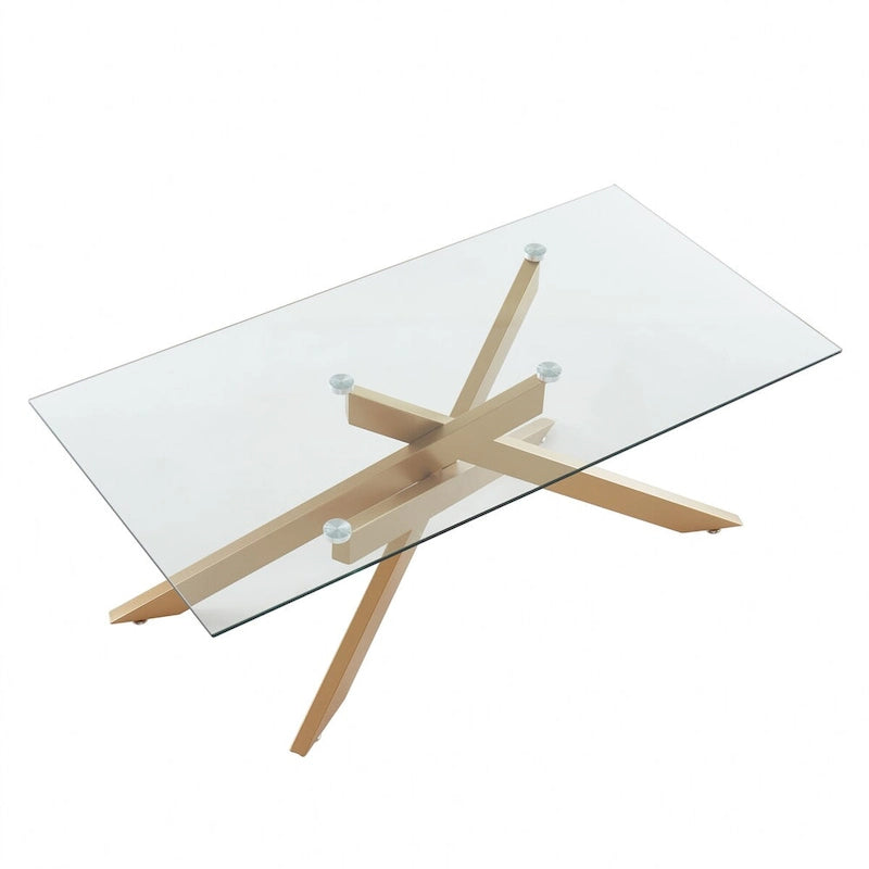 Table basse rectangulaire avec plateau en verre et base en métal imitation bois