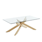 Table basse rectangulaire avec plateau en verre et base en métal imitation bois