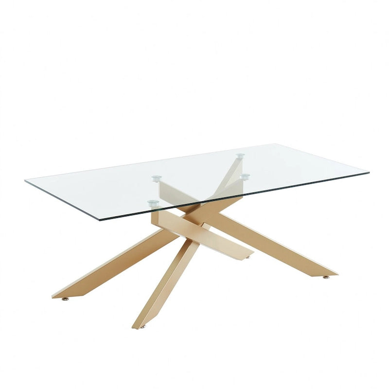 Table basse rectangulaire avec plateau en verre et base en métal imitation bois
