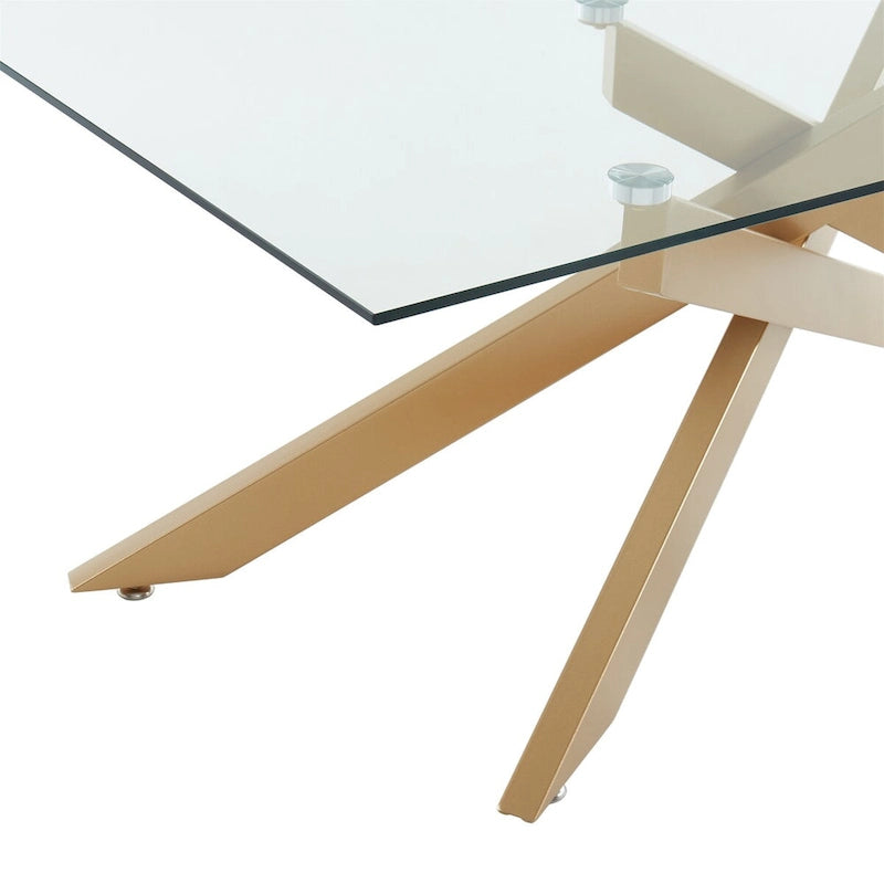Table basse rectangulaire avec plateau en verre et base en métal imitation bois