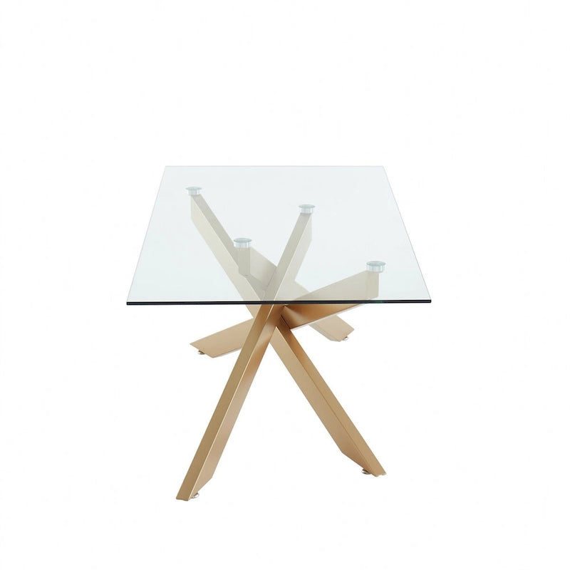 Table basse rectangulaire avec plateau en verre et base en métal imitation bois