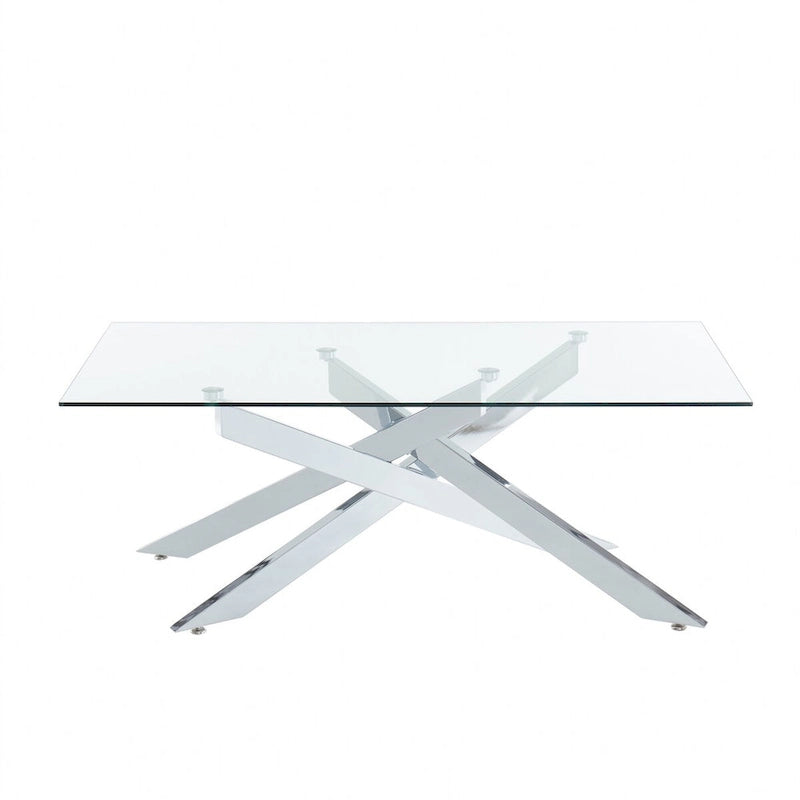 Table basse rectangulaire avec plateau en verre et base en métal imitation bois
