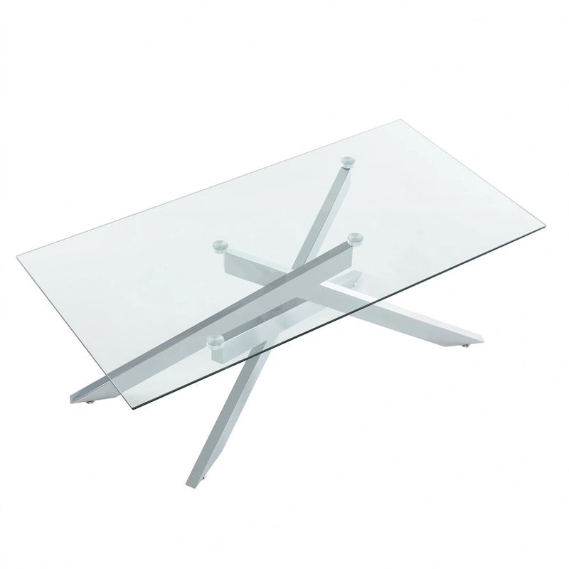 Table basse rectangulaire avec plateau en verre et base en métal imitation bois