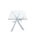 Table basse rectangulaire avec plateau en verre et base en métal imitation bois