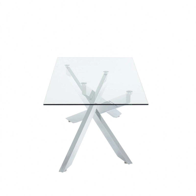 Table basse rectangulaire avec plateau en verre et base en métal imitation bois