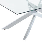 Table basse rectangulaire avec plateau en verre et base en métal imitation bois
