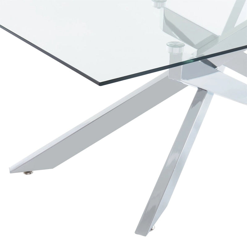 Table basse rectangulaire avec plateau en verre et base en métal imitation bois