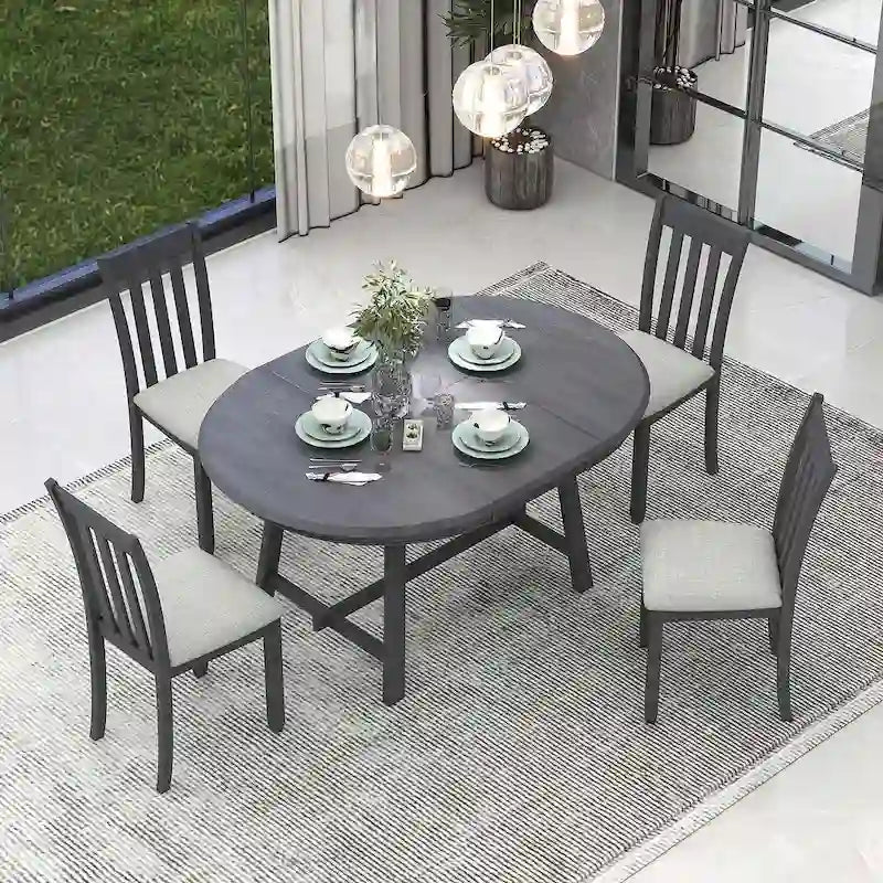Ensemble table à manger 5 pièces en bois pour 4 personnes, table ronde extensible avec 4 chaises