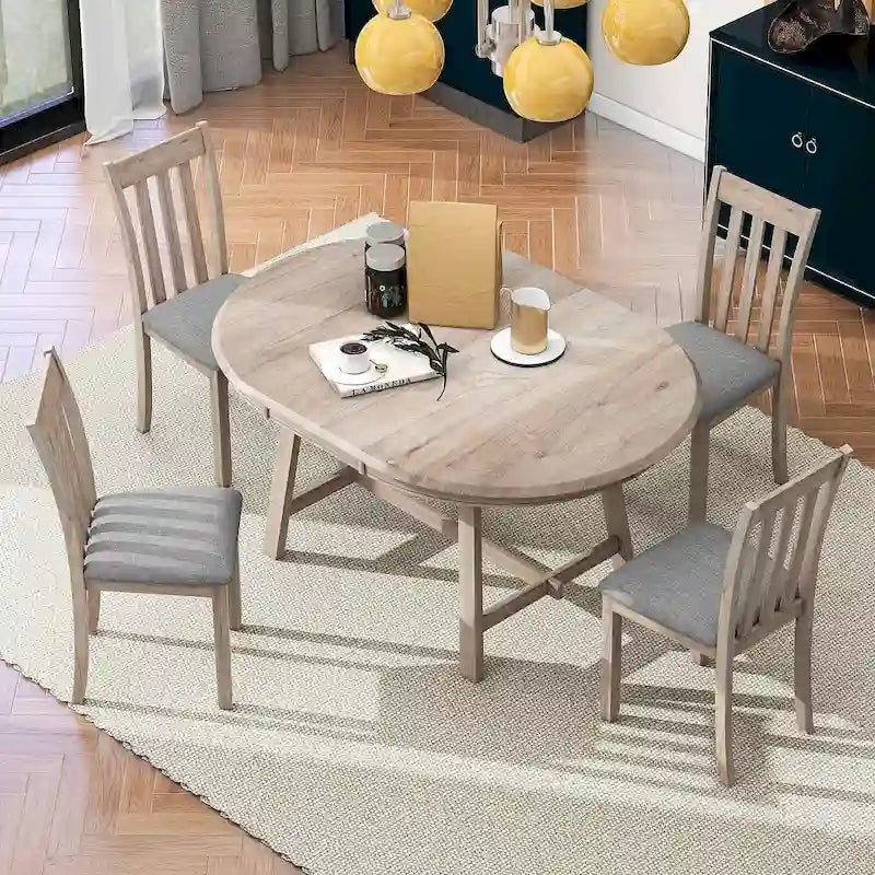 Ensemble table à manger 5 pièces en bois pour 4 personnes, table ronde extensible avec 4 chaises