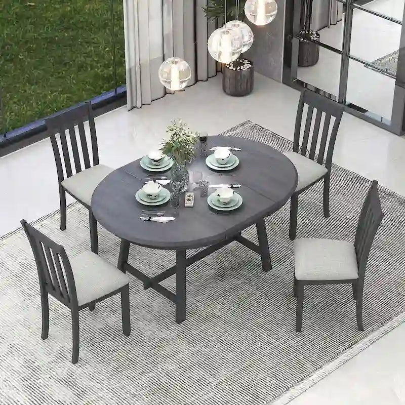 Ensemble table à manger 5 pièces en bois pour 4 personnes, table ronde extensible avec 4 chaises