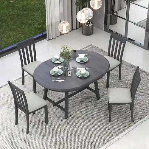 Ensemble table à manger 5 pièces en bois pour 4 personnes, table ronde extensible avec 4 chaises