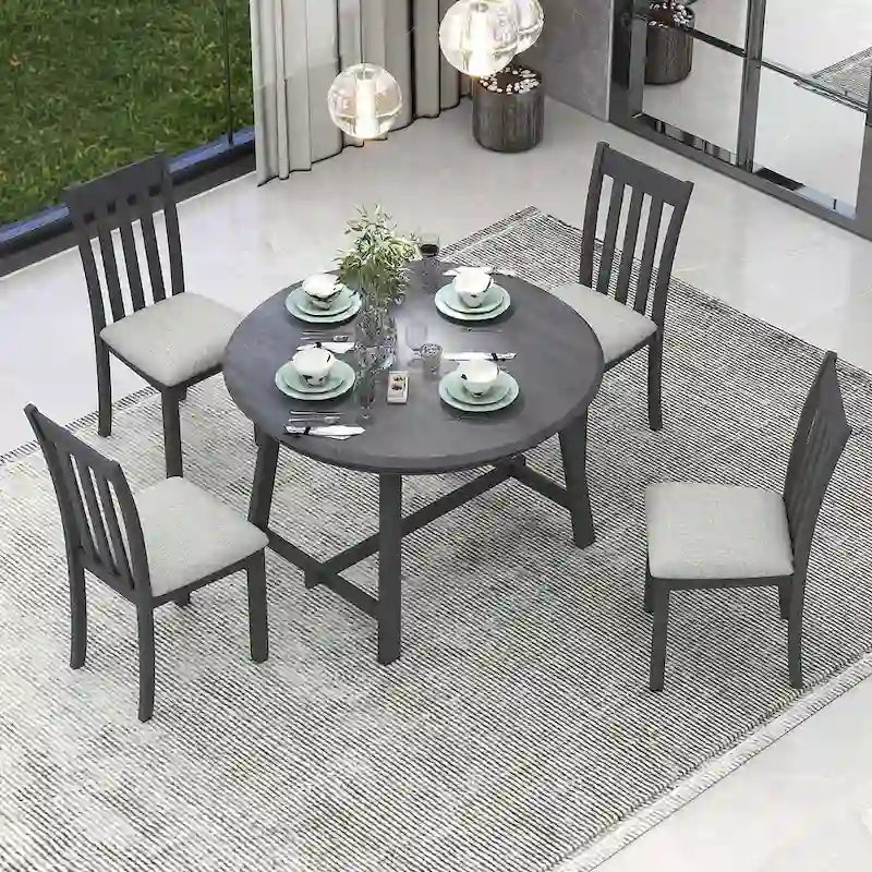 Ensemble table à manger 5 pièces en bois pour 4 personnes, table ronde extensible avec 4 chaises