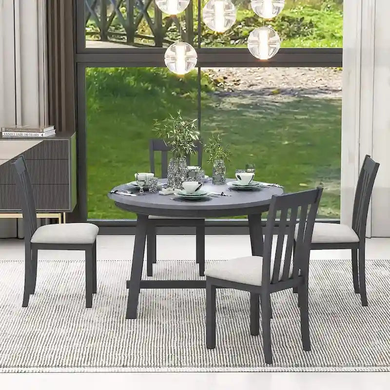 Ensemble table à manger 5 pièces en bois pour 4 personnes, table ronde extensible avec 4 chaises