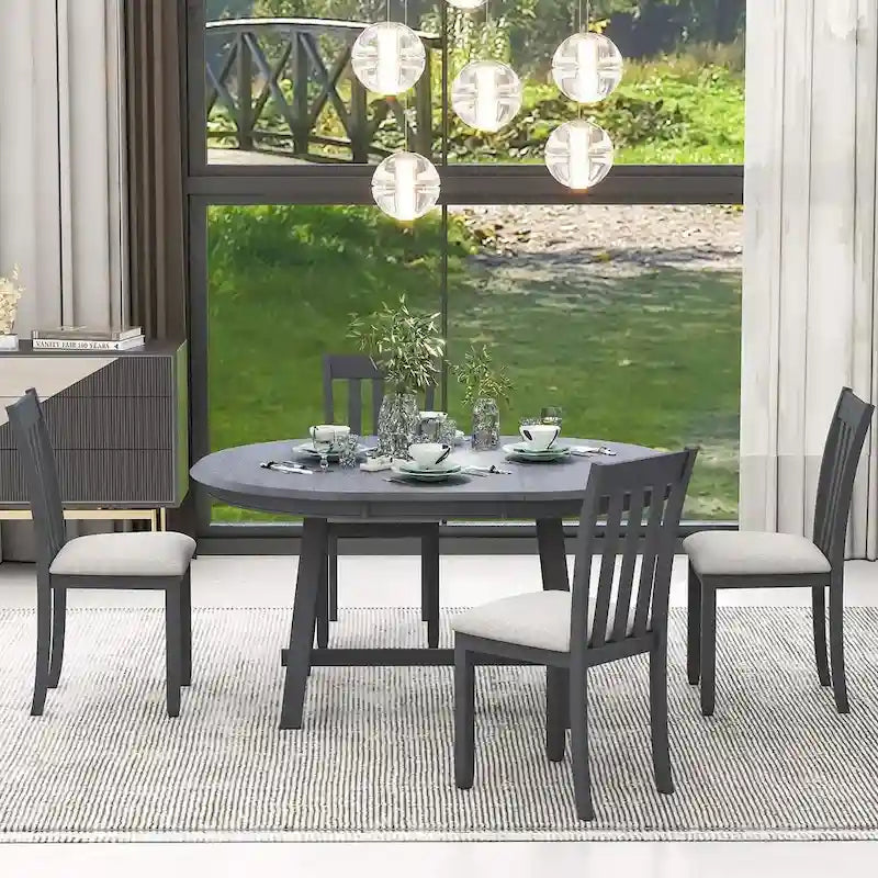 Ensemble table à manger 5 pièces en bois pour 4 personnes, table ronde extensible avec 4 chaises