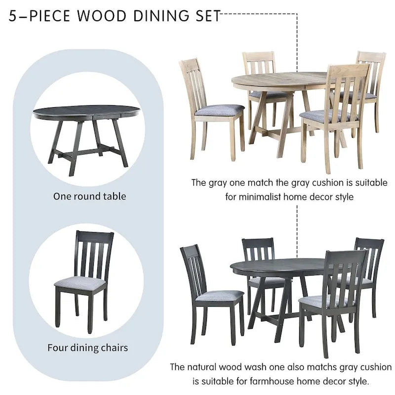 Ensemble table à manger 5 pièces en bois pour 4 personnes, table ronde extensible avec 4 chaises