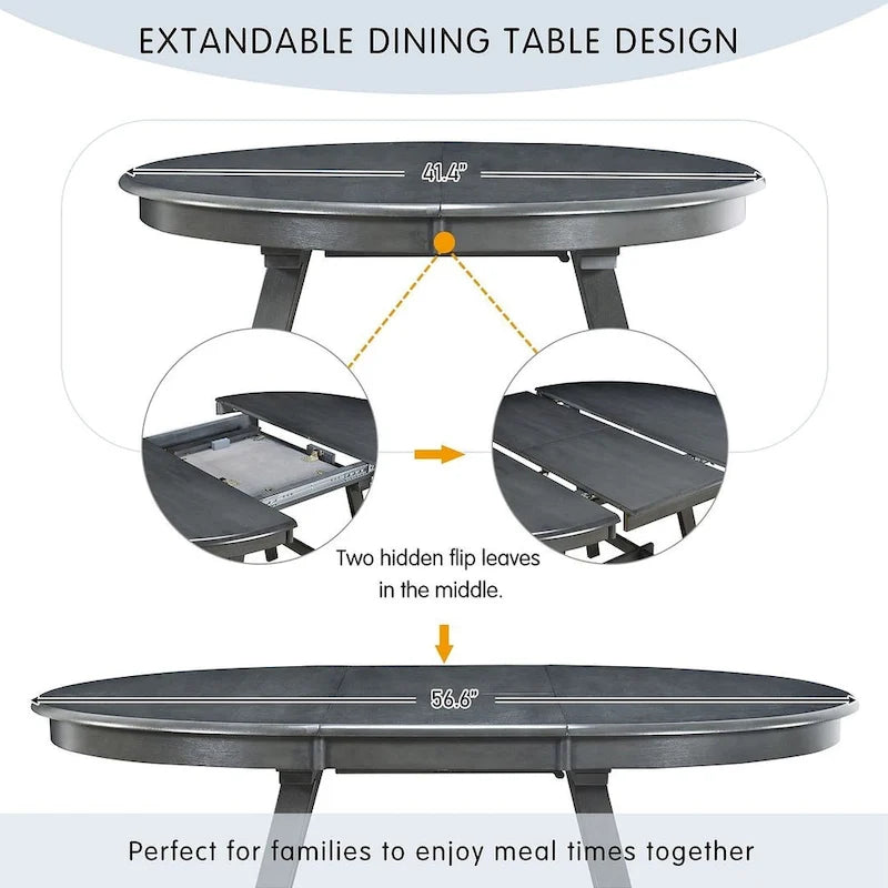 Ensemble table à manger 5 pièces en bois pour 4 personnes, table ronde extensible avec 4 chaises