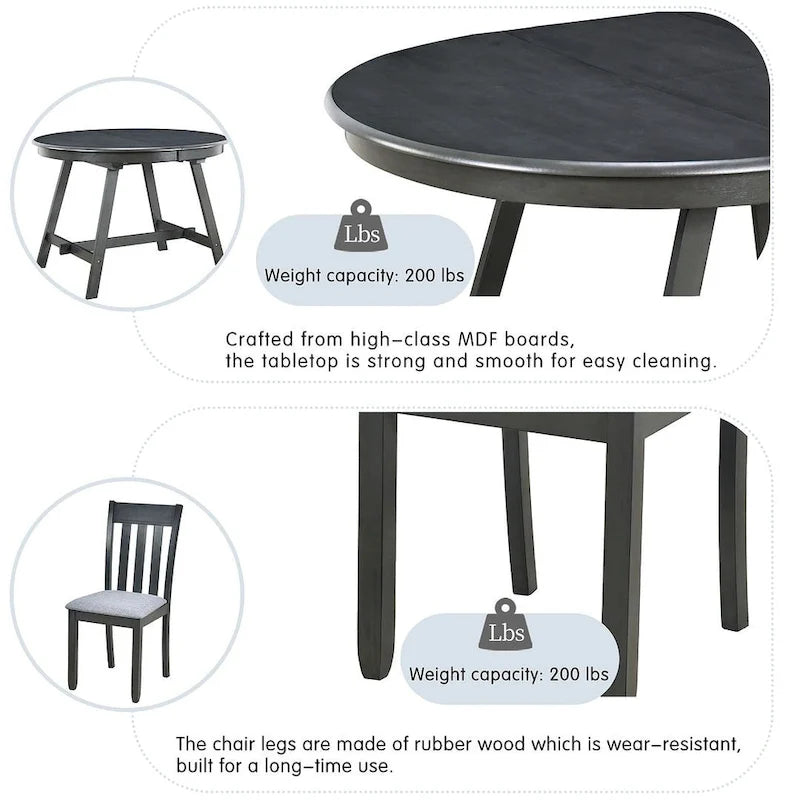 Ensemble table à manger 5 pièces en bois pour 4 personnes, table ronde extensible avec 4 chaises