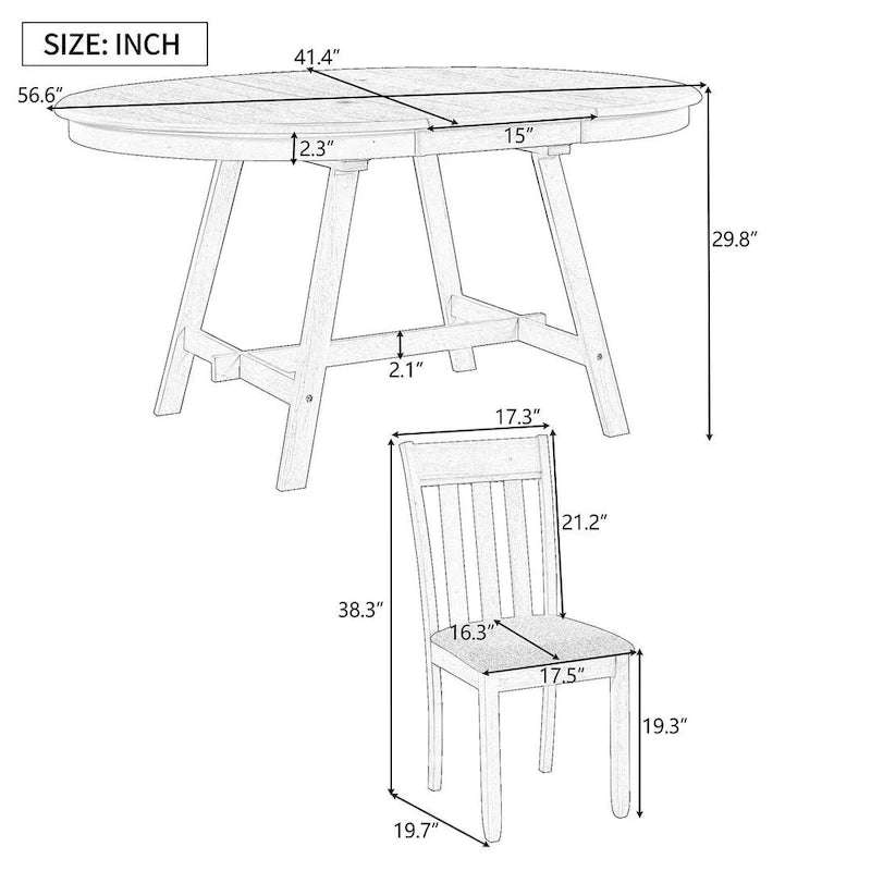 Ensemble table à manger 5 pièces en bois pour 4 personnes, table ronde extensible avec 4 chaises