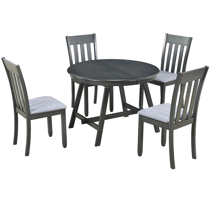 Ensemble table à manger 5 pièces en bois pour 4 personnes, table ronde extensible avec 4 chaises