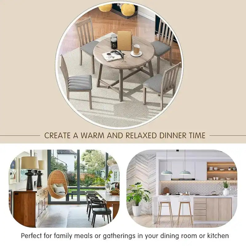Ensemble table à manger 5 pièces en bois pour 4 personnes, table ronde extensible avec 4 chaises