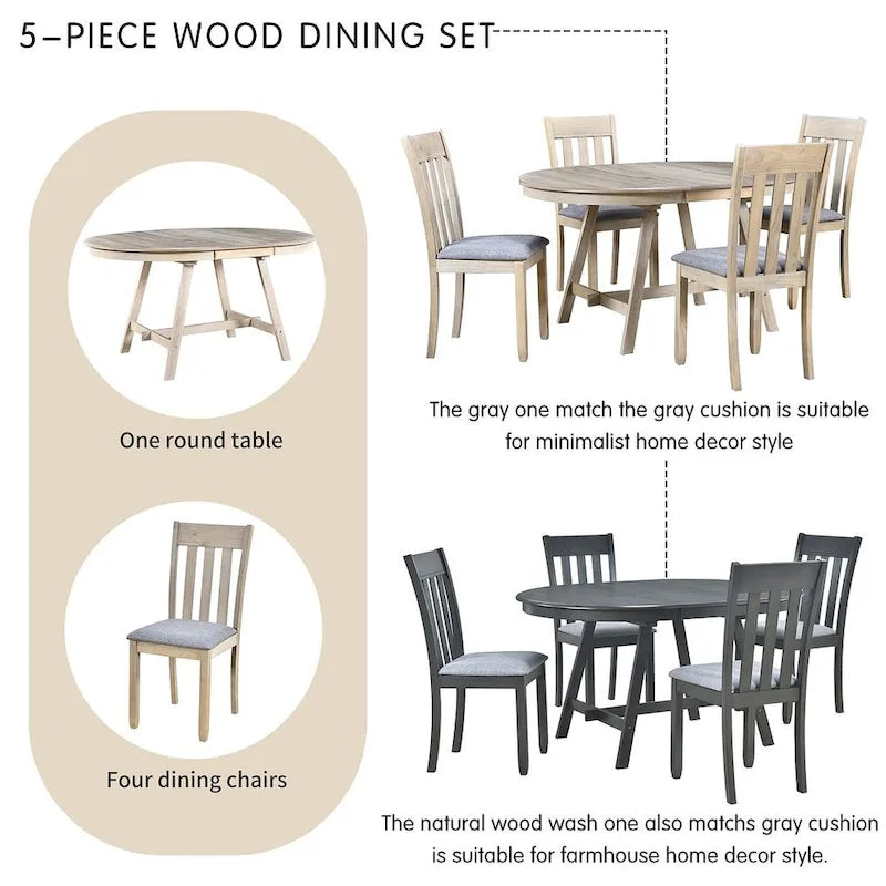 Ensemble table à manger 5 pièces en bois pour 4 personnes, table ronde extensible avec 4 chaises