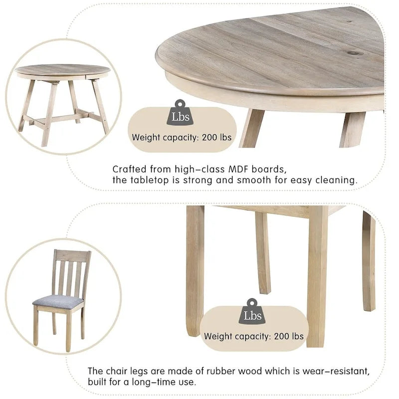 Ensemble table à manger 5 pièces en bois pour 4 personnes, table ronde extensible avec 4 chaises