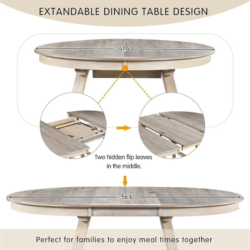 Ensemble table à manger 5 pièces en bois pour 4 personnes, table ronde extensible avec 4 chaises