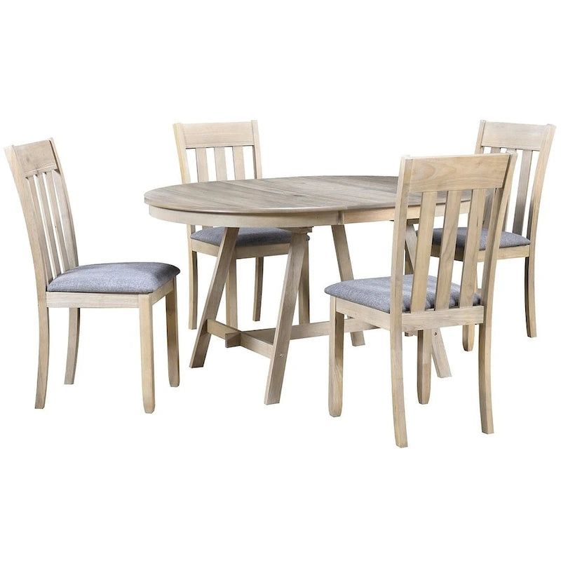 Ensemble table à manger 5 pièces en bois pour 4 personnes, table ronde extensible avec 4 chaises