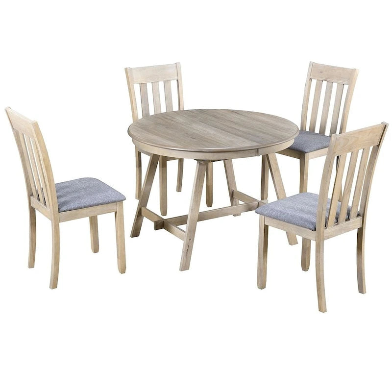 Ensemble table à manger 5 pièces en bois pour 4 personnes, table ronde extensible avec 4 chaises