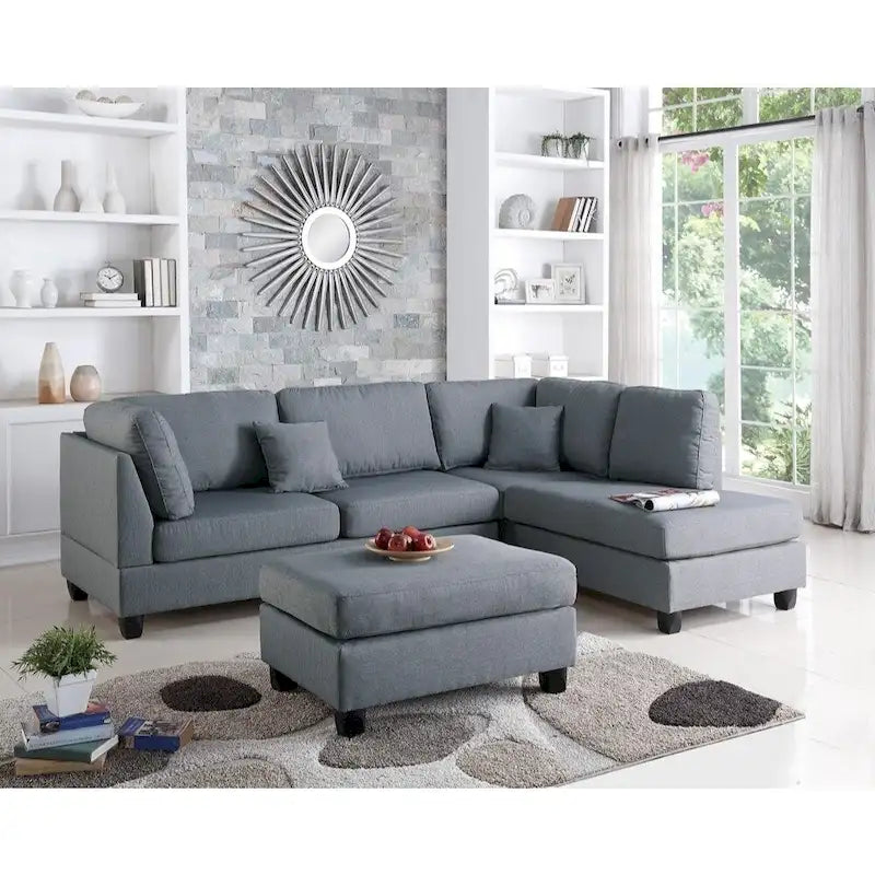 Linen Fabric 3 Pieces Sectional In Gray