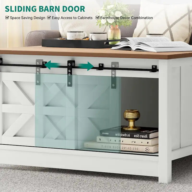 Table basse de ferme avec rangement à porte coulissante de style grange, 80 cm
