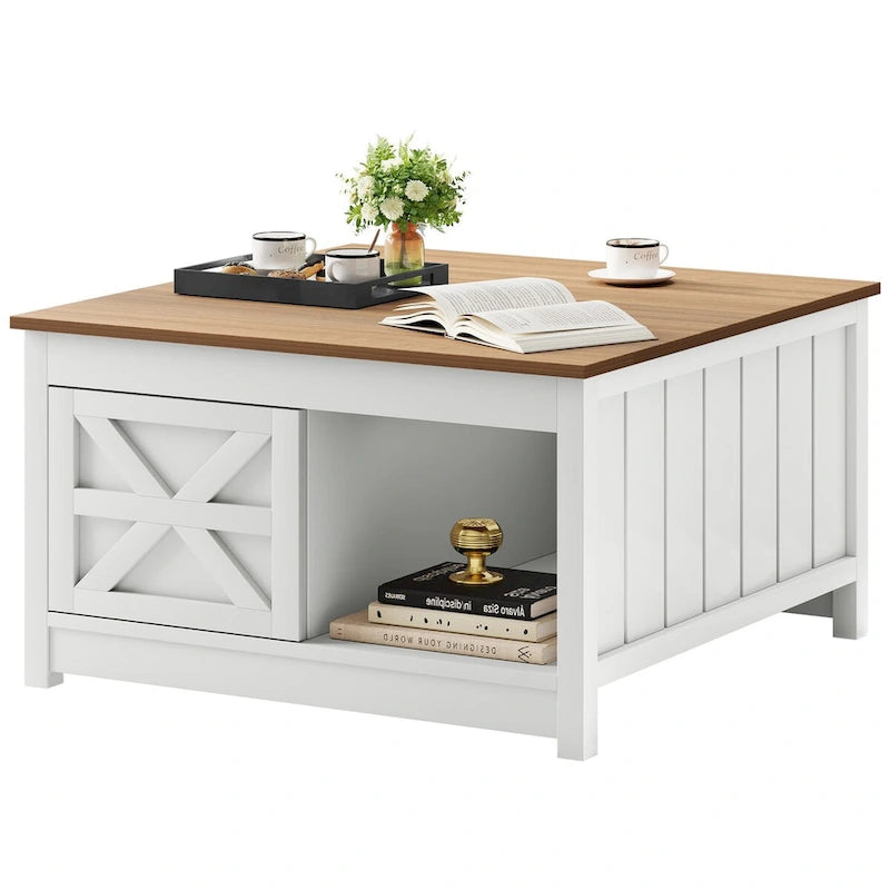 Table basse de ferme avec rangement à porte coulissante de style grange, 80 cm