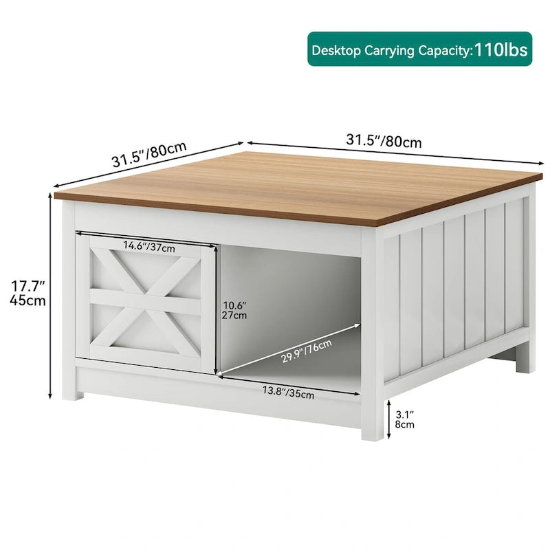 Table basse de ferme avec rangement à porte coulissante de style grange, 80 cm