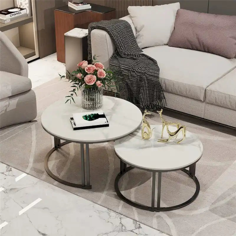 Tables basses gigognes rondes avec plateau en pierre frittée, lot de 2