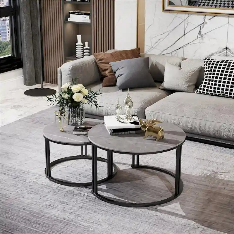 Tables basses gigognes rondes avec plateau en pierre frittée, lot de 2